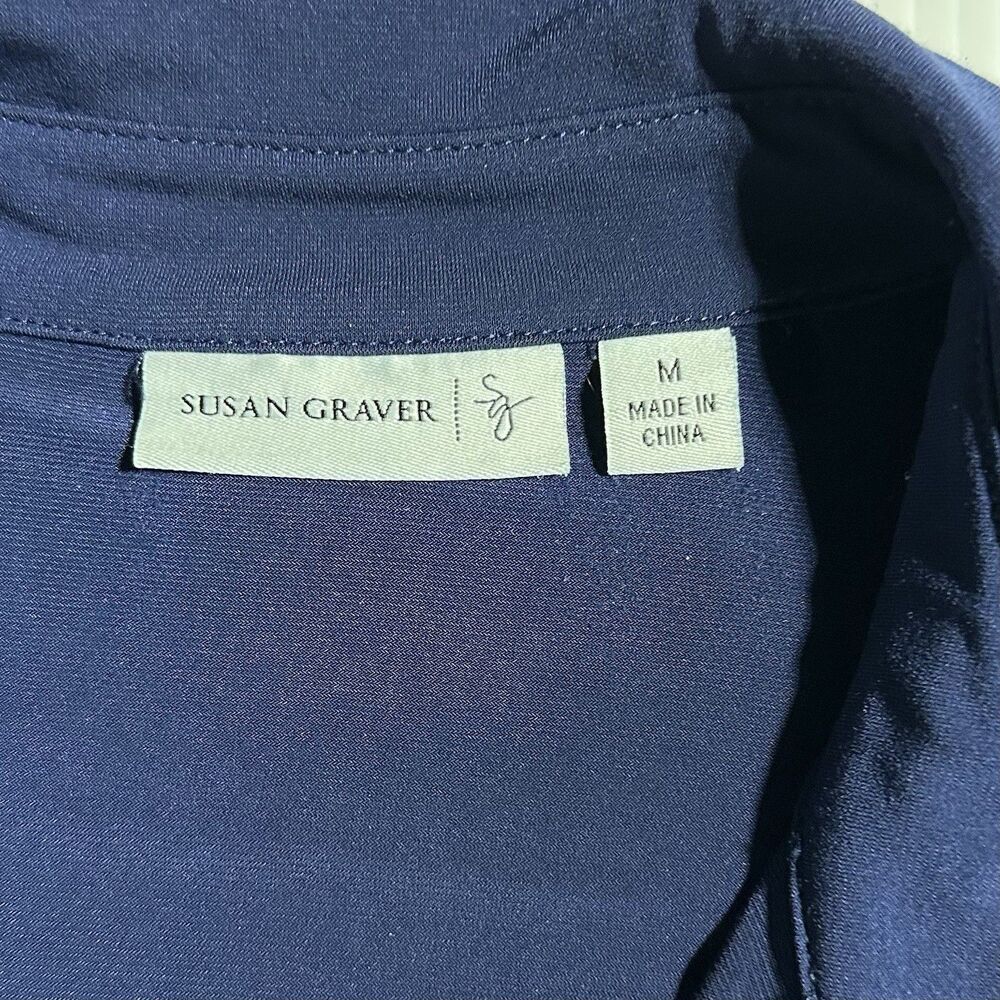 Susan Graver Button Front Shirt Navy Blue Ruched Sleeve Size M Medium Liquid - Picture 6 of 10